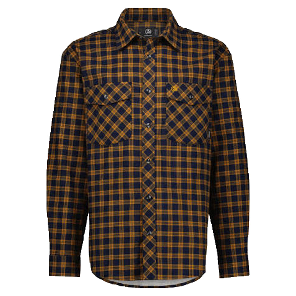 A men's long-sleeve plaid button-up shirt in navy blue and golden brown, featuring two buttoned chest pockets and a classic collar, shown against a plain white background.