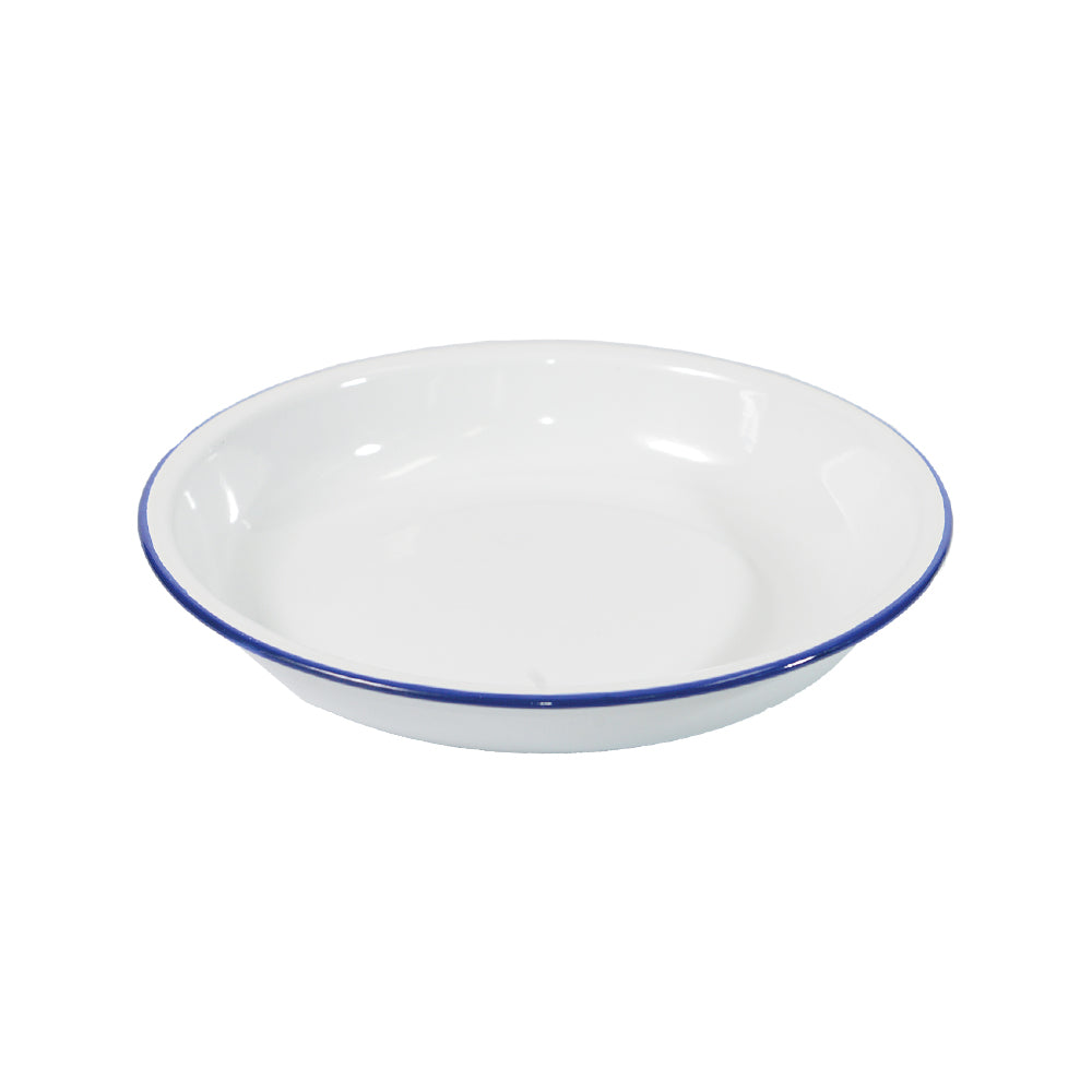 A white enamel rice bowl with blue trim on the rim.