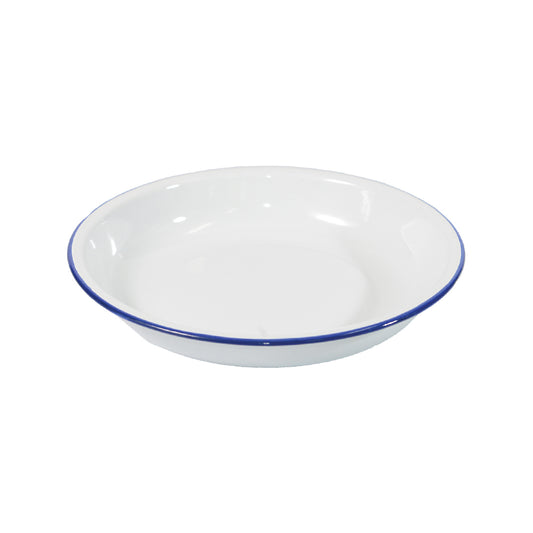 A white enamel rice bowl with blue trim on the rim.