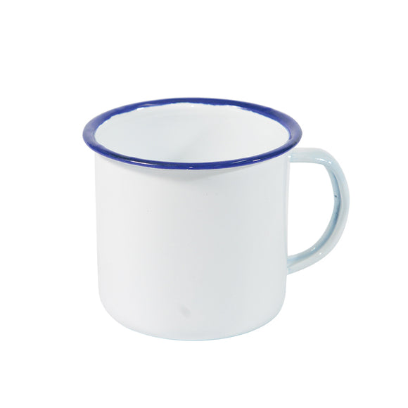 White mug with blue rim on a white background