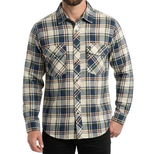 A man wearing a long-sleeve button-up plaid flannel shirt in navy blue, beige, and white, paired with black pants against a white background.