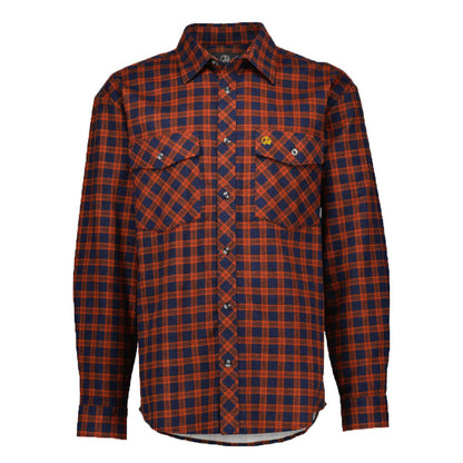 A long-sleeve button-up plaid shirt in red and navy blue, featuring two buttoned chest pockets and a small embroidered logo on the left chest, shown against a plain white background.