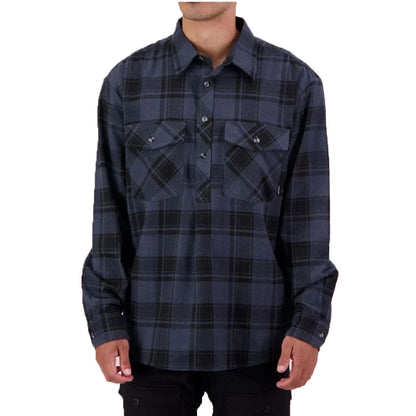A man wearing a dark navy and black plaid long-sleeve button-up shirt with two chest pockets, shown from the neck down against a plain white background.