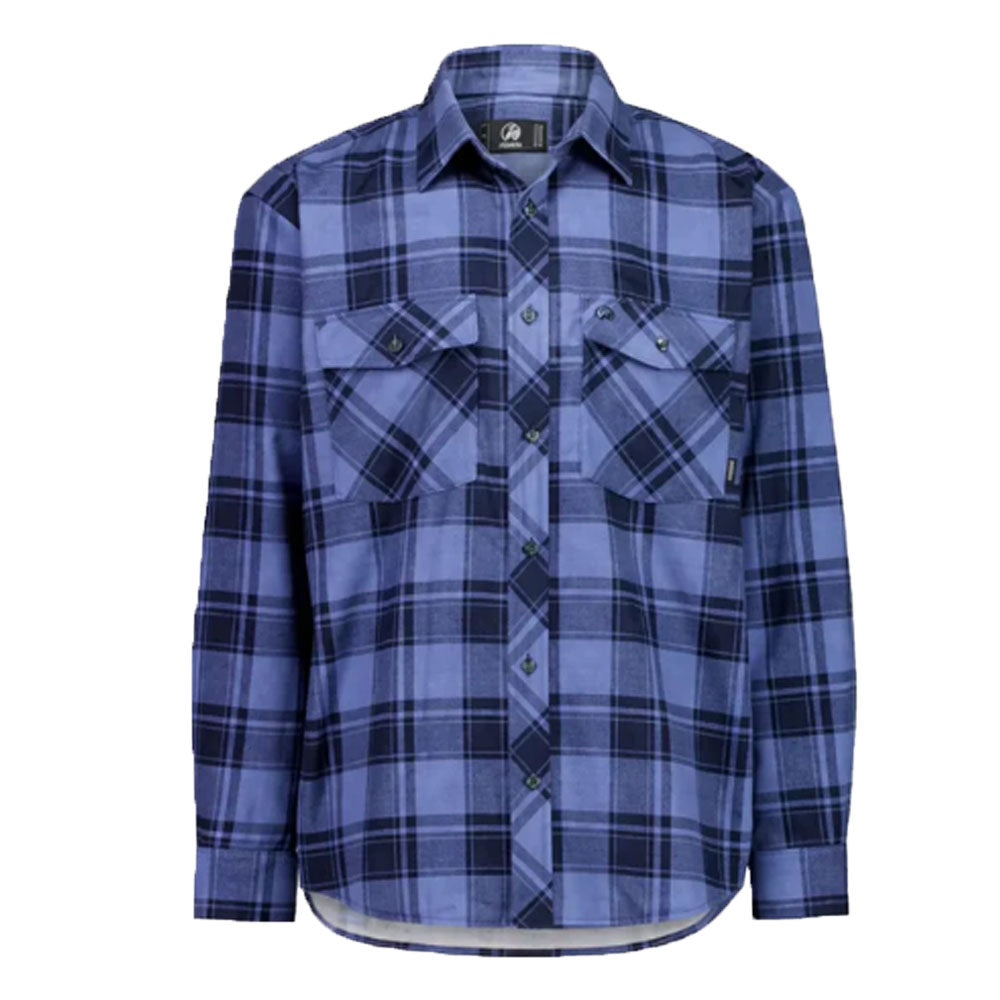 A blue and navy plaid long-sleeve button-up shirt with two chest pockets, displayed on a clean white background.