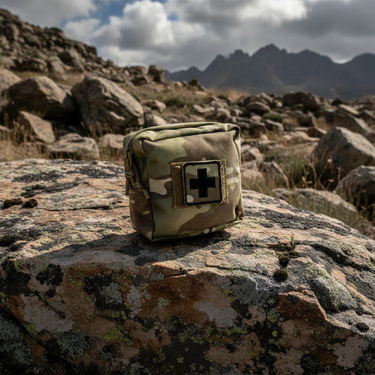 Camouflage medical pouch with a cross emblem on a white background