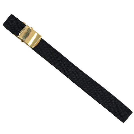 A black cotton dress belt with a gold-colored sliding buckle and metal clip.