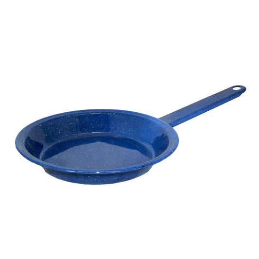 A blue enamel frypan with a long handle, displayed on a plain background.