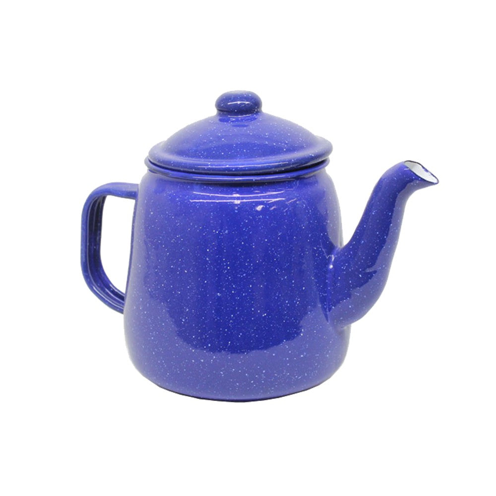A blue enamel teapot with a capacity of 1.2 liters, double-glazed and suitable for use on stovetops.