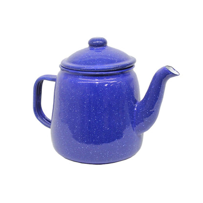 A blue enamel teapot with a capacity of 1.2 liters, double-glazed and suitable for use on stovetops.